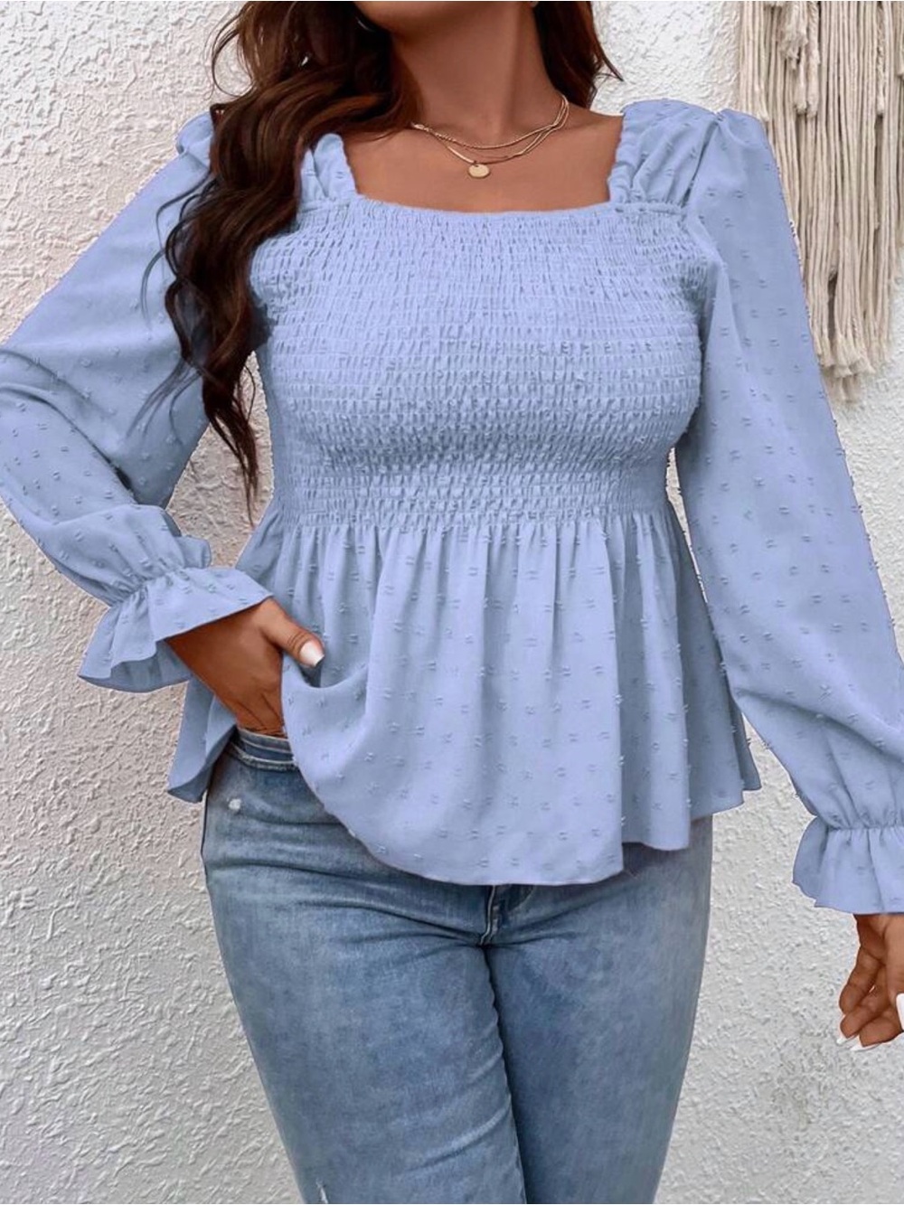 Smocked Square-Neck Long Sleeve Top in Light Blue